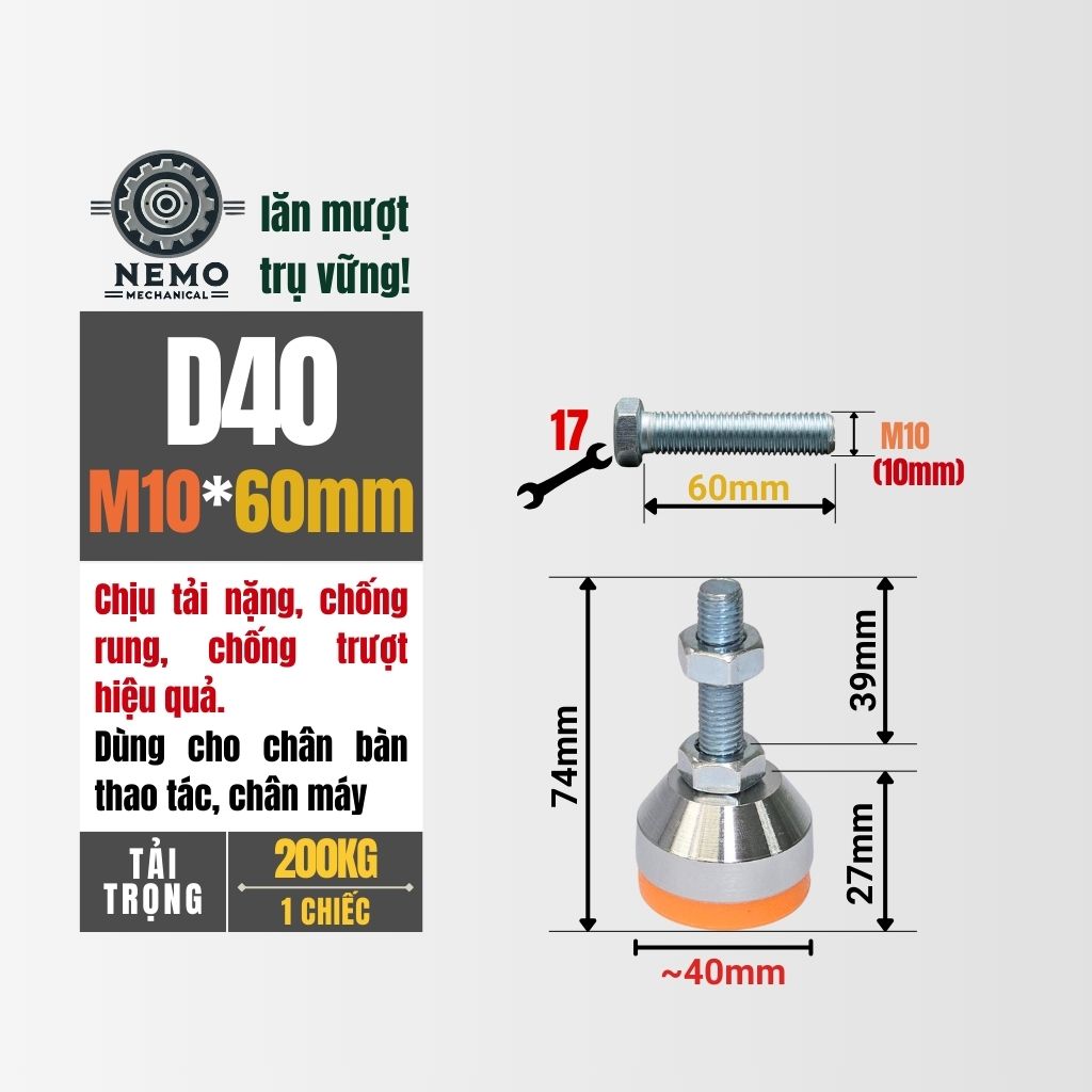 Chân Tăng Chỉnh Chịu Tải Nặng – Bát Thép Mạ Crom, Chịu Lực 1.5 Tấn (M10, M12)